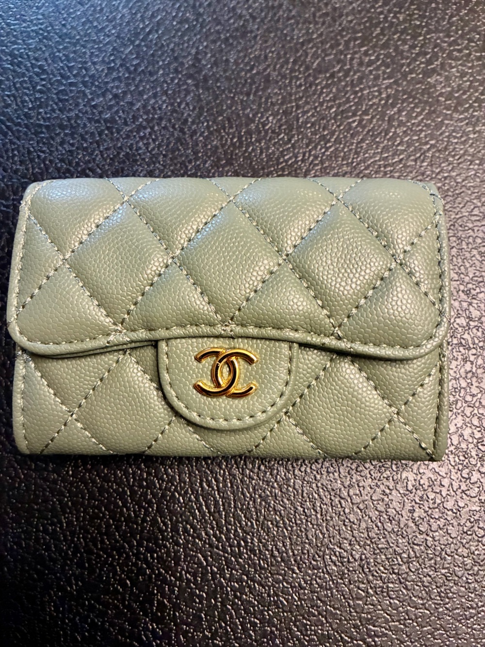 ChaneI Caviar Quilted Flap Mini Wallet Olive 🫒 Green with Gold - Tone Logo
